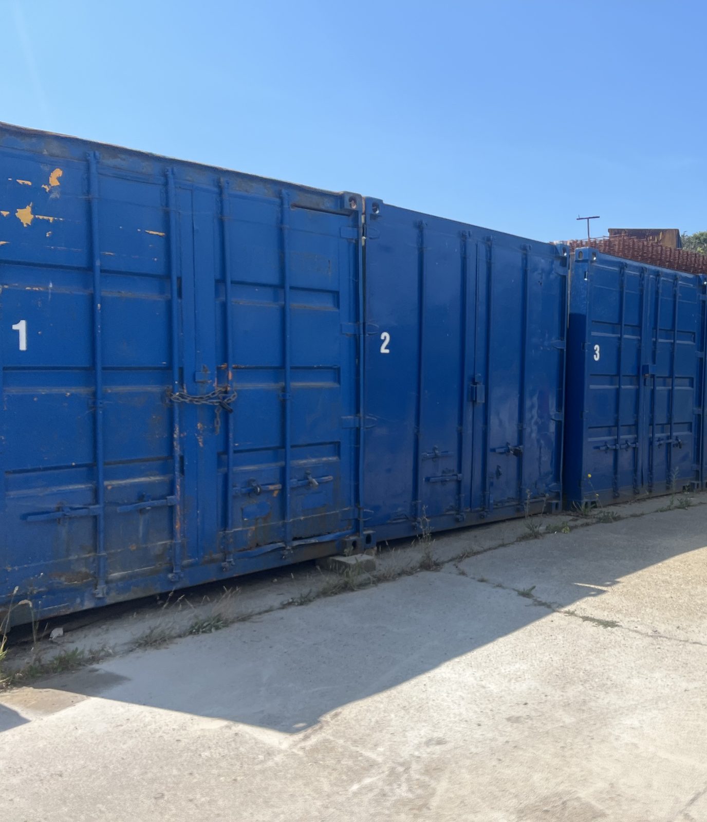 Row of 20ft shipping containers for hire at Chock-a-Block Storage, Bexhill-on-Sea