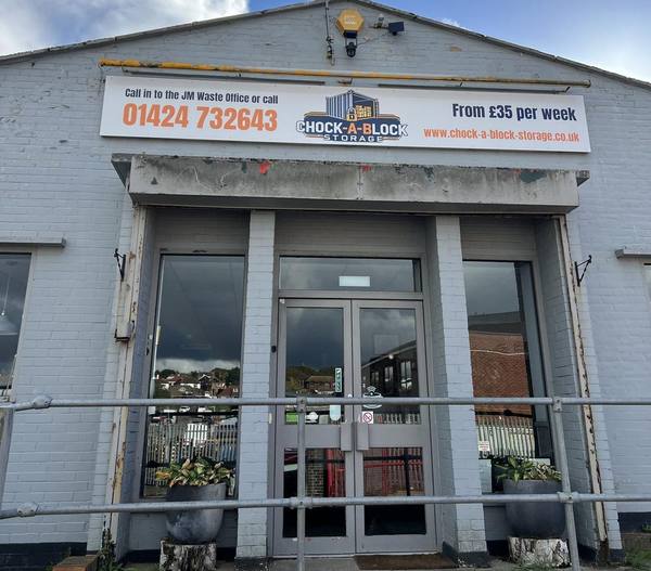 Chock-a-Block Storage office frontage at 5 Brett Drive, Bexhill-on-Sea. Call in or phone 01424 732643